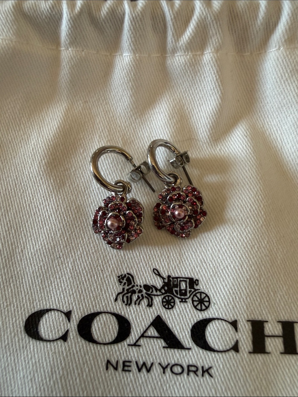 Coach Pink Floral Crystal Hoop Drop Earrings